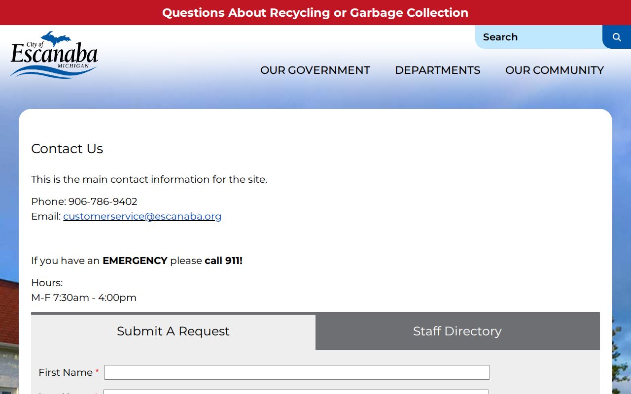 Escanaba official contact directory showing Public Safety contact information