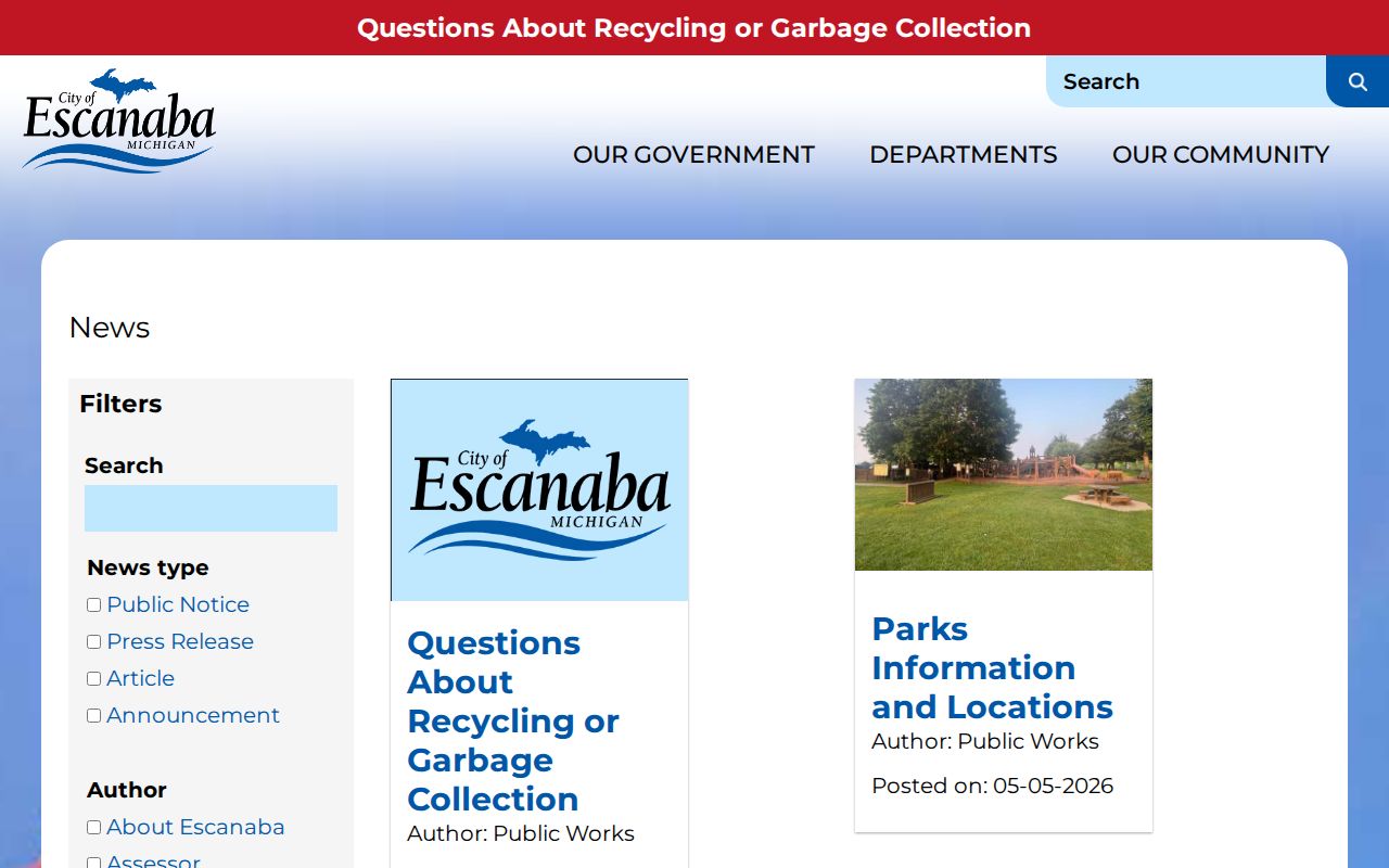 City of Escanaba official news page for selected municipal updates